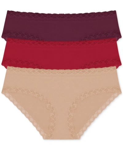 Natori Bliss Lace-trim Cotton Brief Underwear 3-pack 156058mp In Taro,pomegranate,cafe