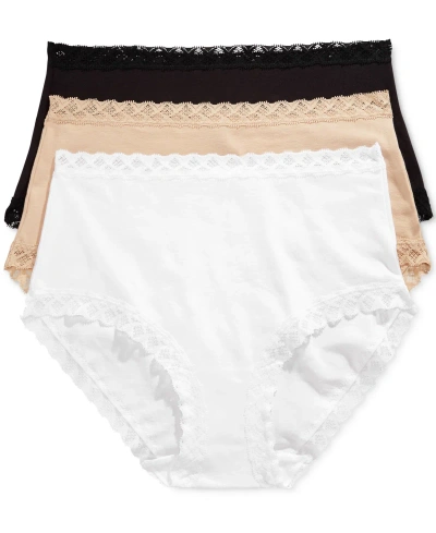 Natori Bliss Lace Trim High Rise Brief Underwear 3-pack 755058mp In Black,white,cafe
