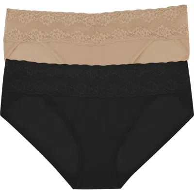 Natori Bliss Perfection Lace Trim One Size Bikini Brief 2-pack In Black/cafe
