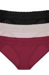 Natori Bliss Perfection Lace Trim One Size Bikini Brief 3-pack In Dk Cherry/vapor Stripe Pt/blck