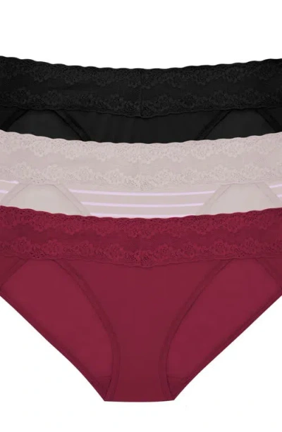 Natori Bliss Perfection Lace Trim One Size Bikini Brief 3-pack In Dk Cherry/vapor Stripe Pt/blck