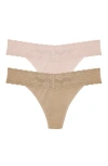 Natori Bliss Perfection Lace Trim One Size Thong 2-pack In Cafe/cameo Rose