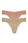 Natori Bliss Perfection Lace Trim One Size Thong 2-pack In Cafe/frose