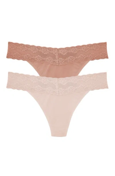 Natori Bliss Perfection Lace Trim One Size Thong 2-pack In Cameo Rose/frose
