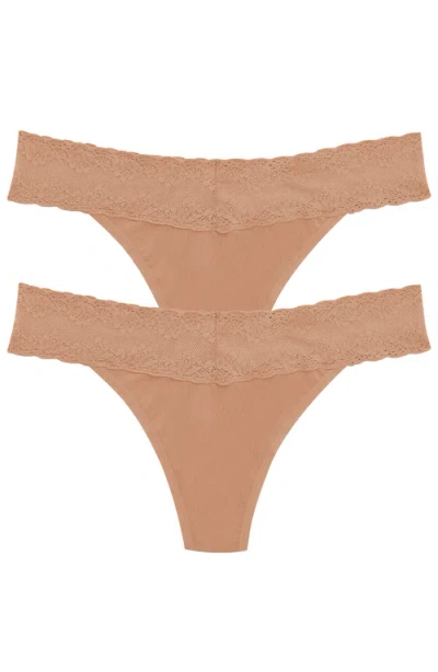 Natori Bliss Perfection Lace Trim One Size Thong 2-pack In Glaze