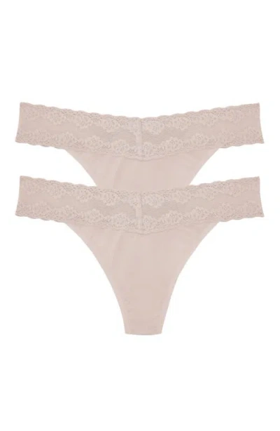 Natori Bliss Perfection Lace Trim One Size Thong 2-pack In Rose Beige