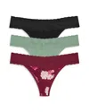 Natori Bliss 3-pack Perfection Lace Trim Thongs In Dark Cherry/ Black