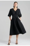 Natori Canvas V-neck Pleat Release Dress With Embroidery In Black