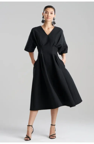 Natori Canvas V-neck Pleat Release Dress With Embroidery In Black