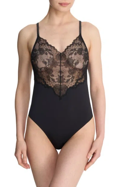 Natori Chantilly Lace Trim Satin Teddy In Black