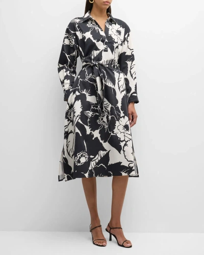 Natori Cote D'azur Floral-print Chino Midi Shirtdress In Creamblack