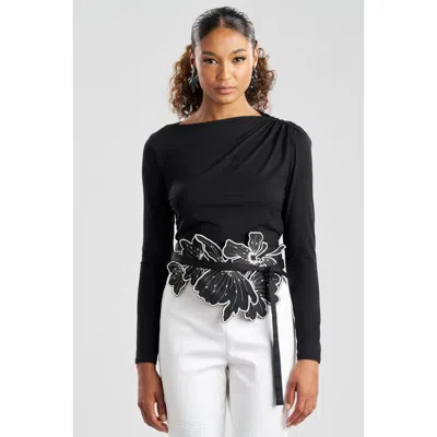 Natori Cotton Chino Embroidered Obi Belt In Black