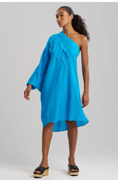 Natori Cotton Gauze One Shoulder Cover-up Dress With Applique In Blue