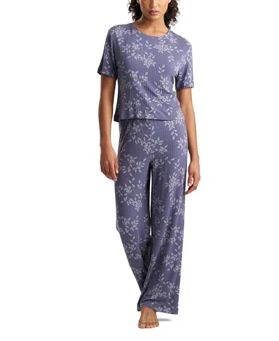 Natori Edit Natori Aria Printed Rib Effortless Short Sleeve Top And Pant Set In Purple