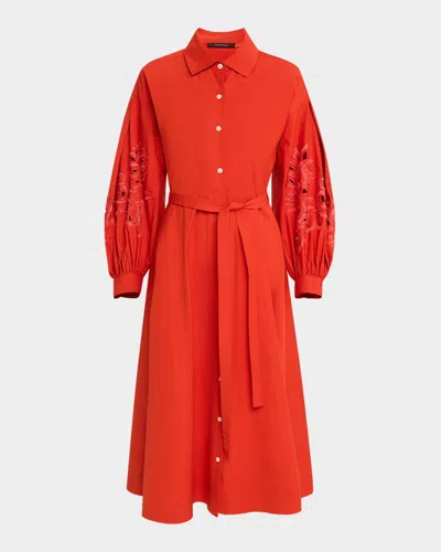 Natori Embroidered Cotton Taffeta Midi Shirtdress In Orange
