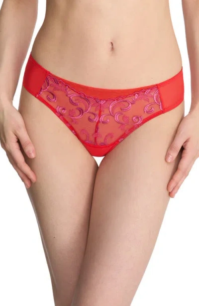 Natori Embroidered Mesh Thong In Neon Red,raspberry Glaze