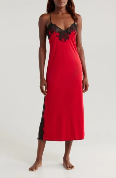 Natori Enchant Lace Trim Nightgown In Brocade Red W/black Lace