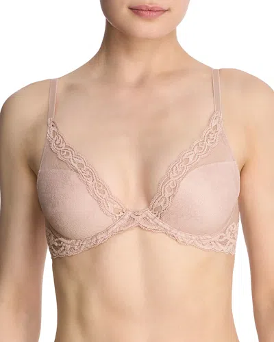 Natori Feathers Contour Plunge Bra In Rose Beige Lace/pink Pearl