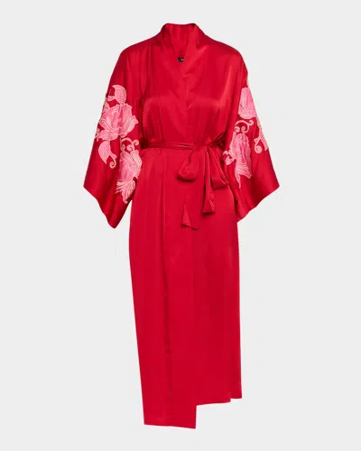 Natori Floral-embroidered Charmeuse Robe In Green