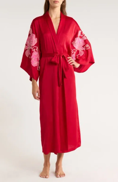 Natori Floral Embroidered Satin Robe In Red