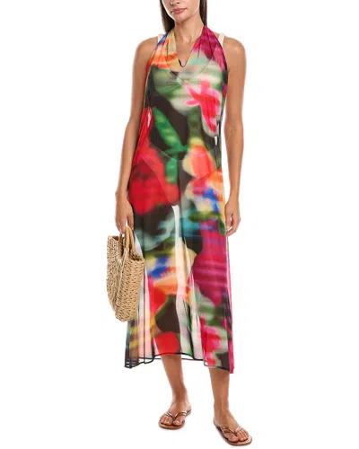 NATORI NATORI FLORAL MIRAGE PRINTED MESH HALTER DRESS