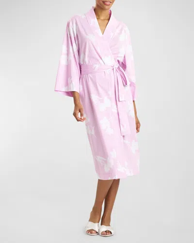 Natori Hana Floral-print 3/4-sleeve Cotton Dressing Gown In Light Orchid