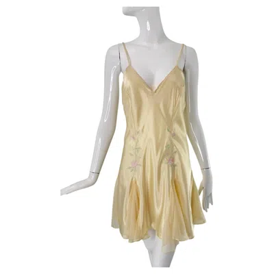 Pre-owned Natori Josie Josie  1980s Dead Stock Cream Embroidered Satin Bias Cut Slip Large In White
