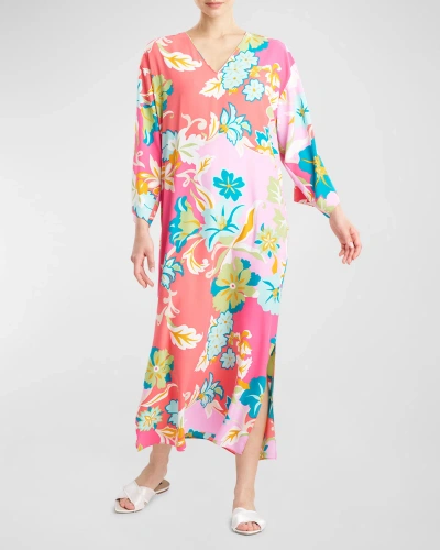 Natori Marbella Floral-print Long-sleeve Maxi Caftan Dress In Pinkgreen