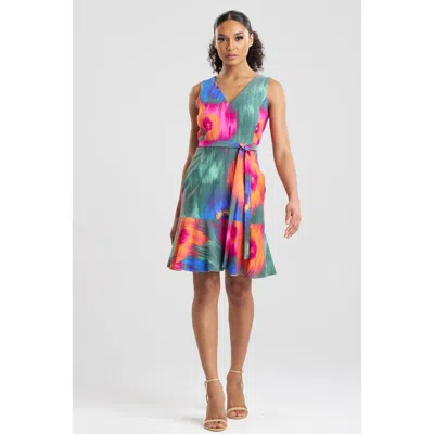 Natori Multi Floral Belted Ruffle Hem Dress