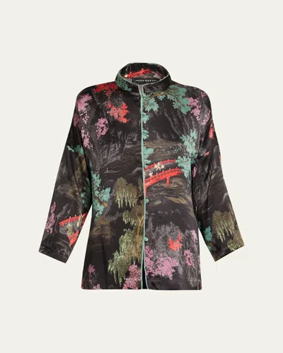 Natori Nara Band Collar Silk Pajama Top In Black