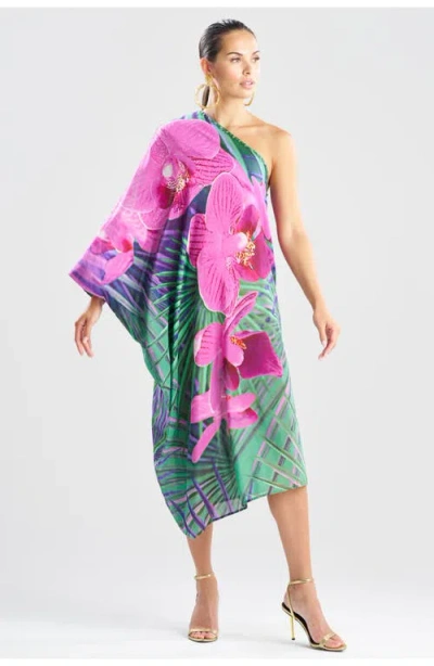 Natori Orchid Silk Cotton Voile One Shoulder Caftan W/ Beading In Multi