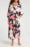 Natori Niwashi Floral-print Charmeuse Robe In Pink/black