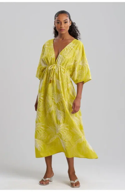 Natori Palm Caftan Cover-up Dress With Tassel In Citron
