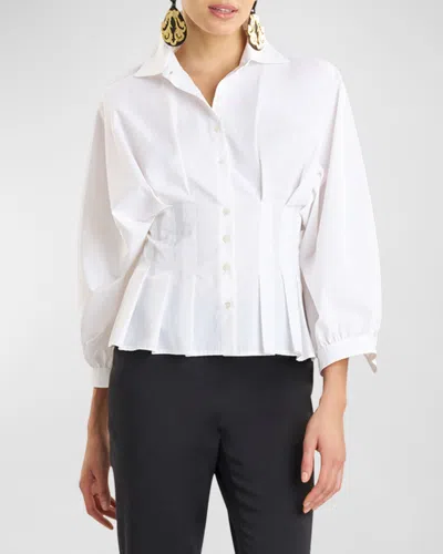 Natori Pleated Peplum Techno Poplin Shirt In White