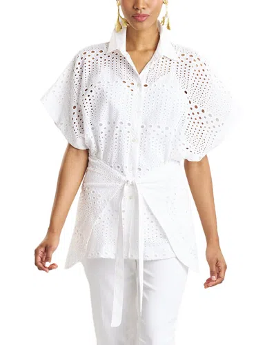 Natori Round Eyelet Kimono Wrap Shirt In White