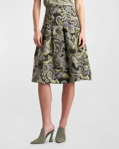 Natori Shinrin Pleated Paisley Jacquard Skirt In Sage