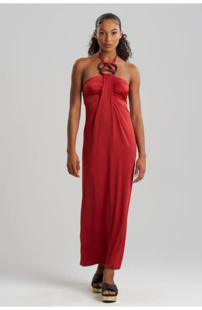 Natori Solid Jersey Halter Dress W/ Hand Carved Wood Rings In Red
