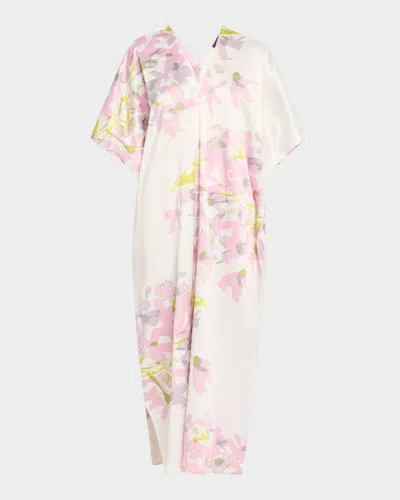 Natori Sumi-e Floral-print Charmeuse Midi Caftan In Pink