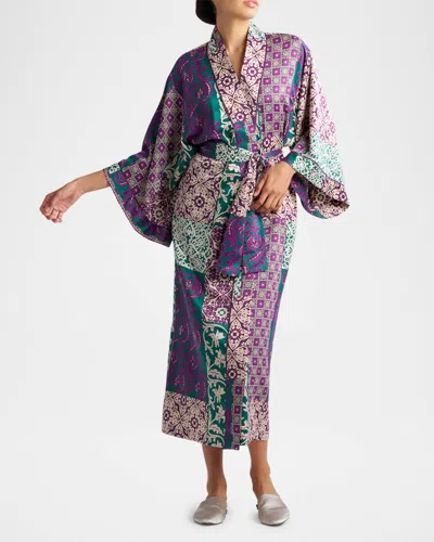 Natori Tapestry Patchwork-print Charmeuse Robe In Purple
