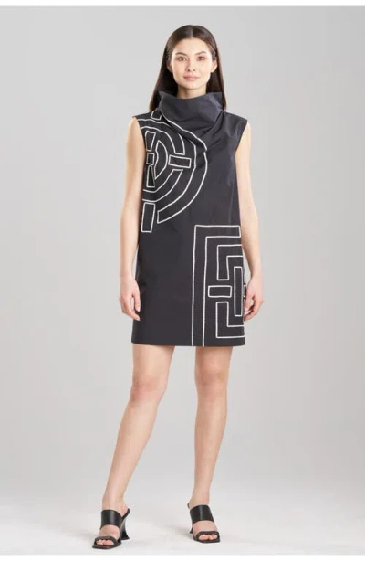 Natori Tech Cotton Taffeta Funnel Shift Dress W/ Embroidery In Black