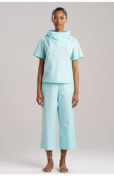 Natori Techno Poplin Short Sleeve Funnel Neck Top In Light Blue