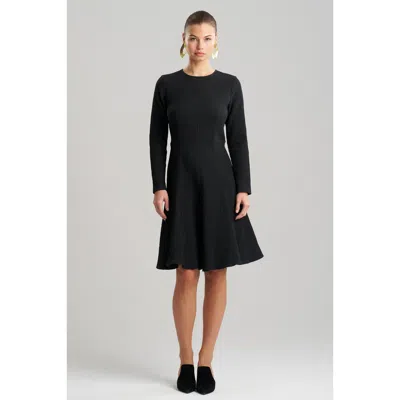 Natori Textured Cotton Jacquard Fluted Hem Long Sleeve Midi Dress In Black