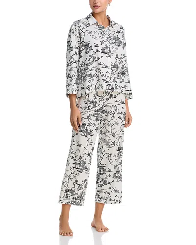 Natori Toile Satin Notch Pajama Set In White