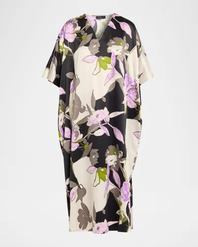 Natori Tsubaki Floral-print Satin Caftan In Black