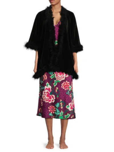 Natori Women's Faux Feather Open Front Robe In Black