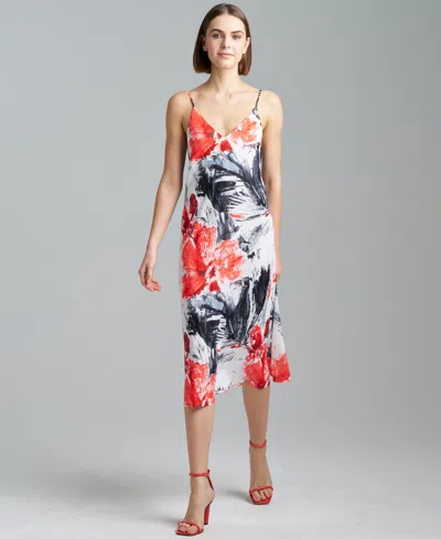 Natori Women's Floral-print V-neck Midi Slip Dress In Black,white