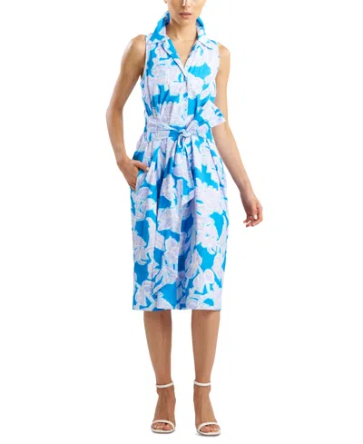 Natori Women's Misty Cotton Floral-print Tie-waist Shirt Dress In Malibu Blue