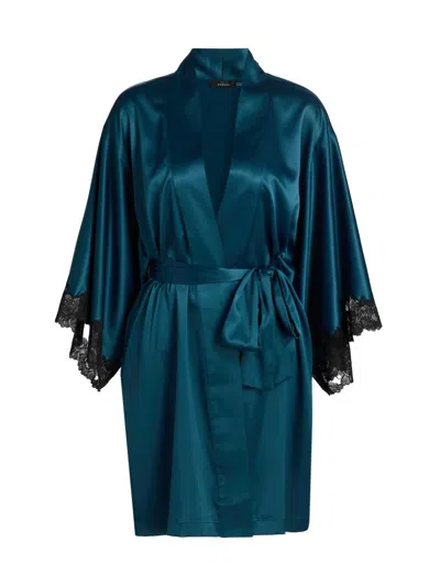 Natori Women's Peony Glamour Satin-lace Self-tie Robe In Blue