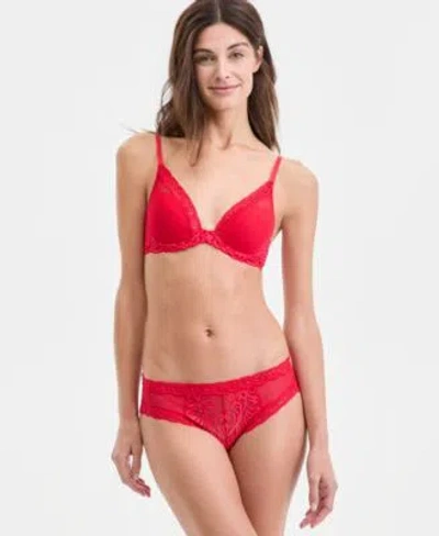Natori Womens Feathers Lace Contour Underwire Plunge Bra Low Rise Sheer Hipster Underwear In Red