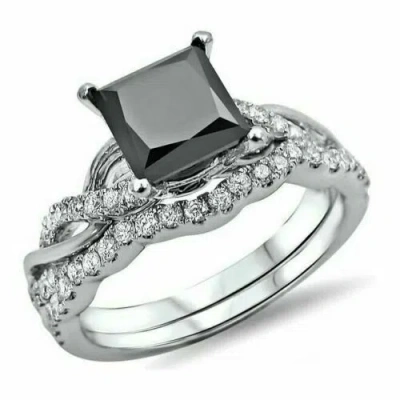 Pre-owned Natsoul 4ct Princess Cut Black Diamond Bridal Set Engagement Ring 925 Sterling Silver